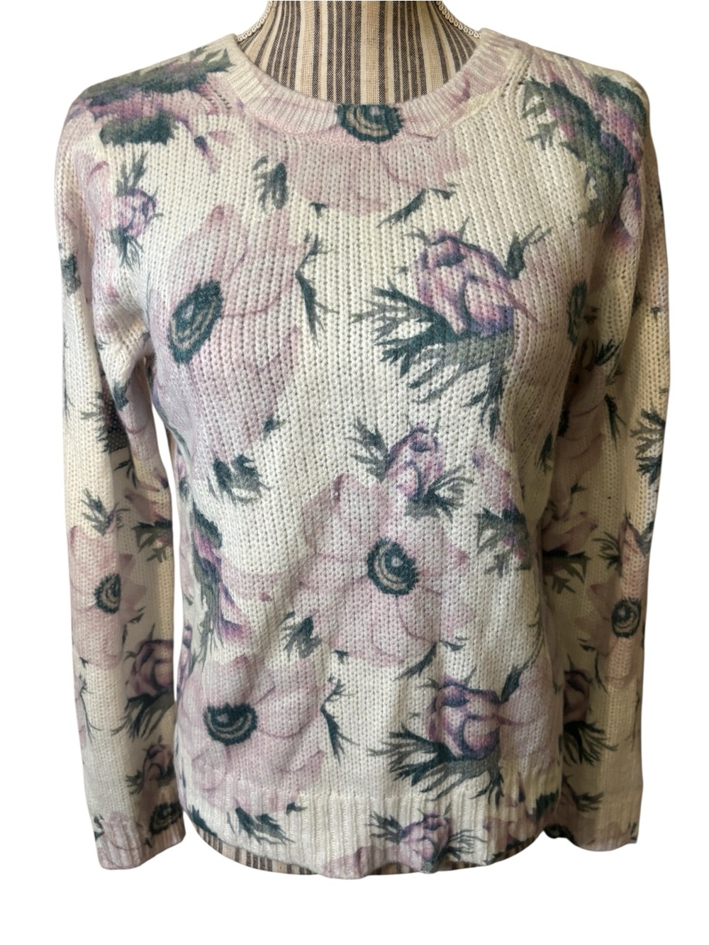 Philosophy Sweater Small White Floral Lavender Pink Blooms Green Stems Crewneck